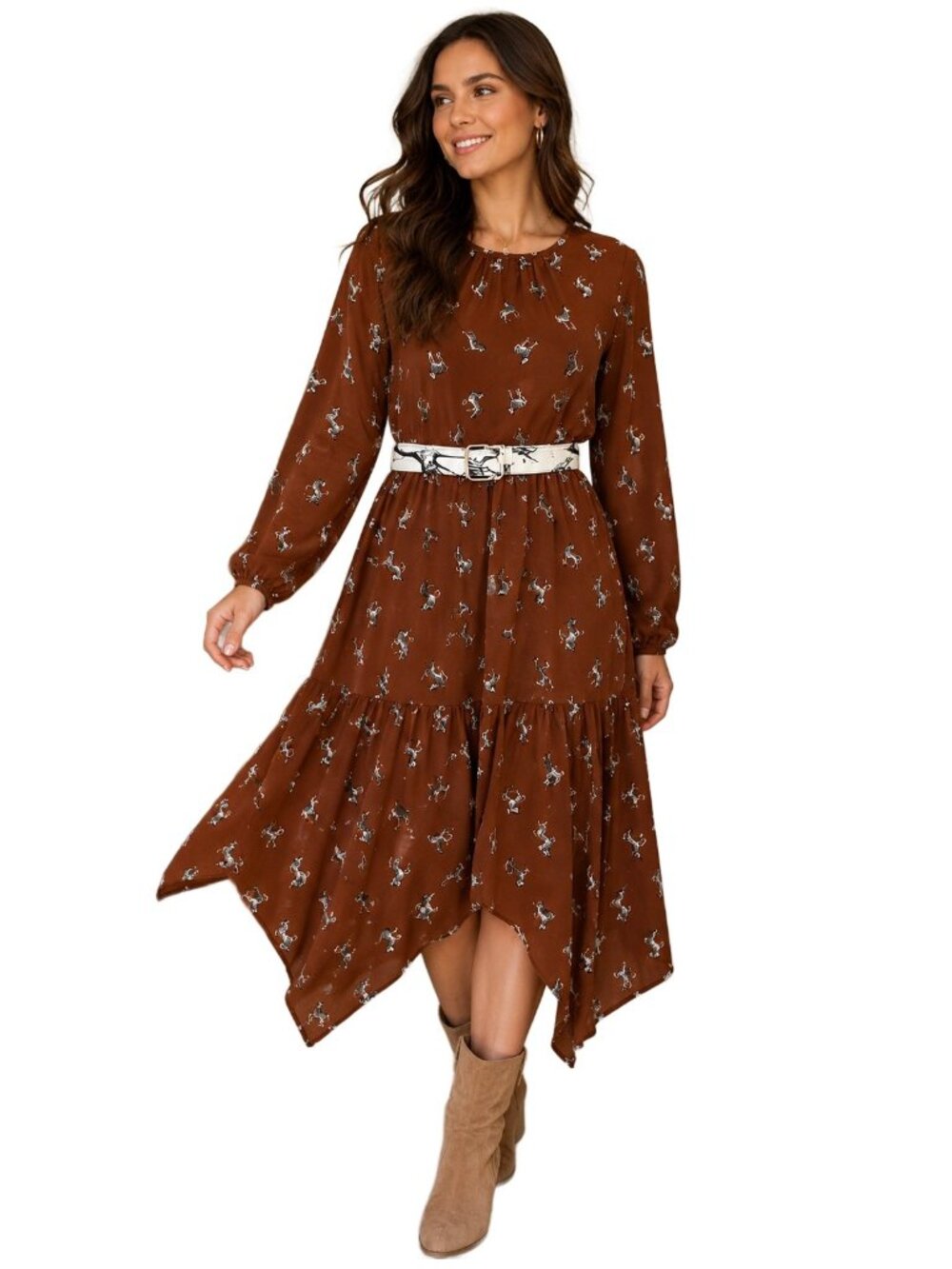 VERO MODA Safari Boho Zebra Print Flowy Handkerchief Hem Belted Brown Dress Sz S